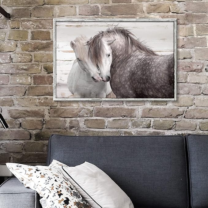 Horses Wall Art Framed Painting Rustic Horse Nuzzling Picture Wildlife Animals Portrait Wooden Print Artwork for Living Room Farmhouse Decor 36 x 24 Inches