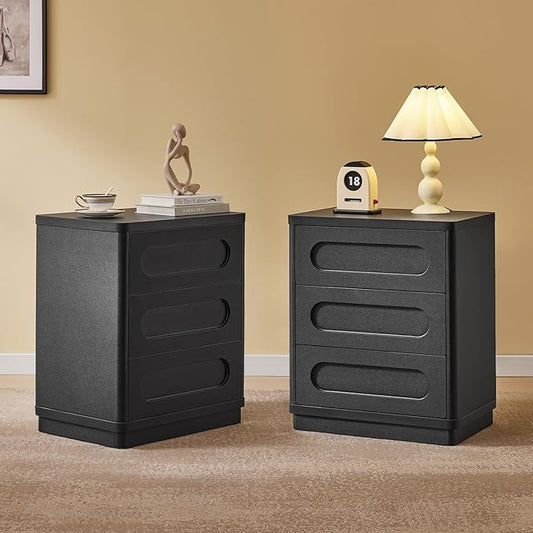 Night Stand Set of 2, Nightstand with 3 Drawers, 21.7"(W) x 15.8"(D) Large Night Stand Bedside Tables for Bedroom, Modern Storage Bedside Table for End Tables, Sofa, Black