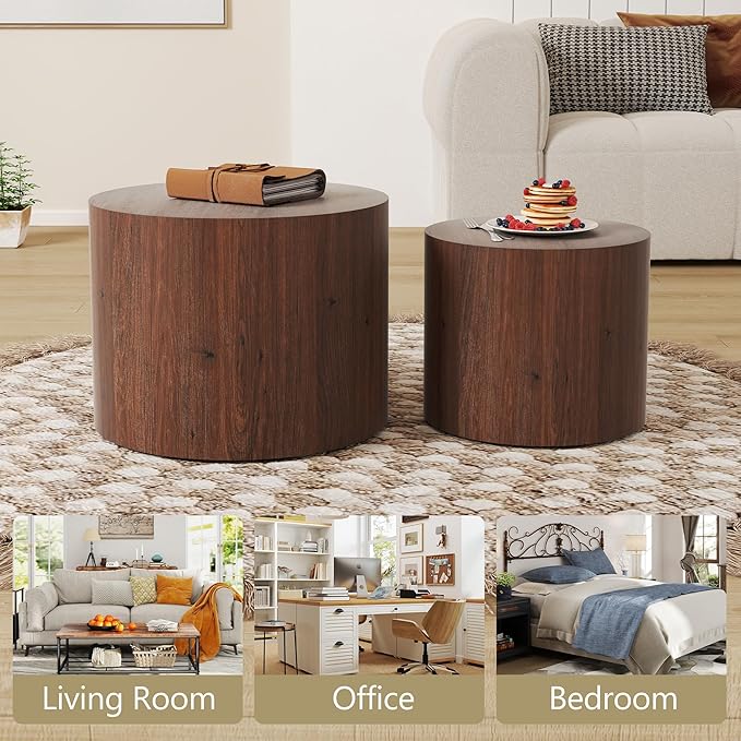 Nesting Coffee Table Set of 2, Round Walnut Wooden Coffee Tables Modern Circle End Table Side Tables for Small Spaces Living Room, Bedroom, Balcony, Office