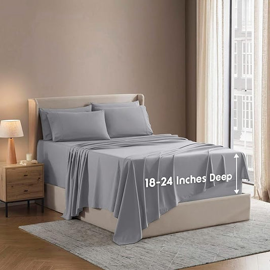 Nestl Extra Deep Full Sheet Set - 6 Piece Breathable & Cooling Sheets - Hotel Luxury Bedding Set w/18-24 Inch Deep Pockets - Easy & Secure Fit - Super Soft, Wrinkle Free & Comfy - Grey