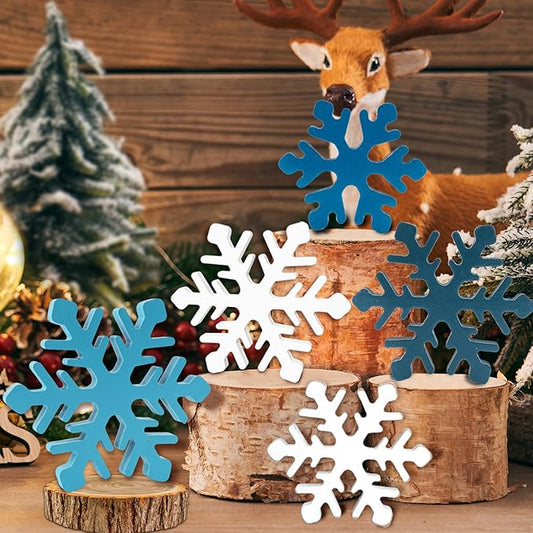 5Pcs Snowflake Christmas Table Decorations, White Blue Wooden Snowflakes Tabletop Centerpieces Christmas Winter Tiered Tray Table Decor for Xmas Holiday Party Supplies Home Mantel Decor