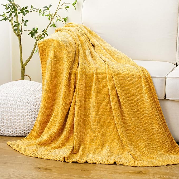 BATTILO HOME Mustard Yellow Throw Blanket for Couch, Knit Gold Chenille Throw Blanket for Sofa,Chair, Soft Cozy Spring Blanket for Bed,Home Decor, 51"x67"