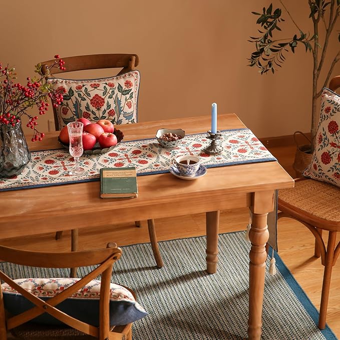 patdrea Designer Vintage Bright Farmhouse Linen Table Runner 102 Inch Long, Maroon Floral Pattern Table Mat, Decoration for Kitchen Dining Table Coffee Table Cabinet Banquet Christmas ,12"*102"
