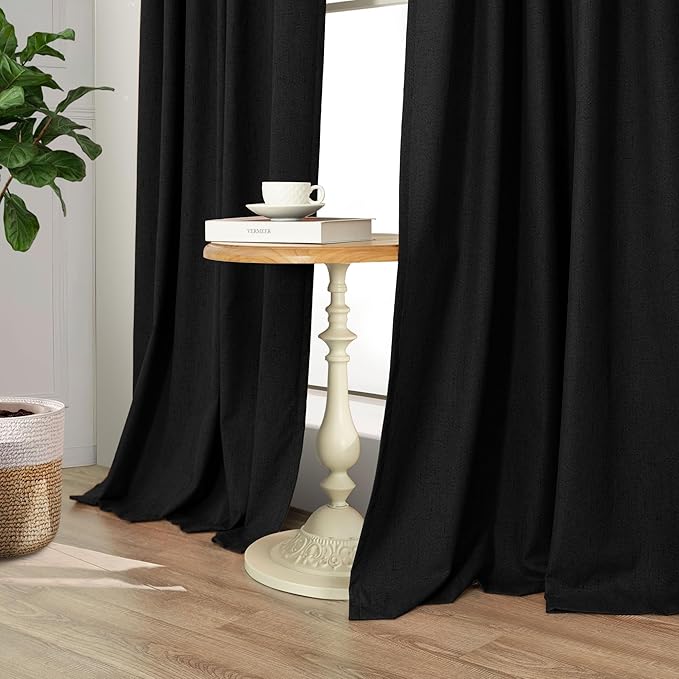 Pitalk Black Blackout Curtains 96 Inches Long for Living Room Bedroom Faux Linen Window Treatments Sun Light Blocking Curtains for Ceiling to Floor Sliding Door Halloween Decor 96 Inch Length 2 Panels