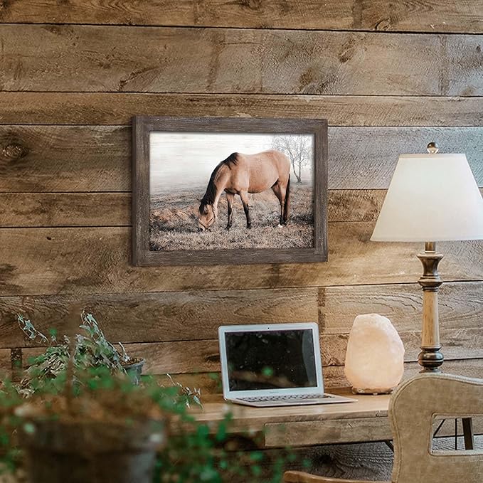 Horse Wall Art Decor Bedroom: Wild Animal Wood Framed Picture Brown Horse on Grassland Print Artwork Vintage Wildlife Painting for Farmhouse Living Room Kitchen
