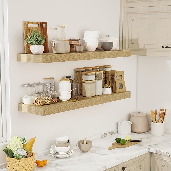 48 Inch Floating Shelves, 12" Deep Floating Shelf Wall Mounted, 48" Wall Shelves, Rustic Deep Bookshelf, Extra Deeper & Thicker Display Shelves for Bedroom, Living Room, Oak, Set of 2