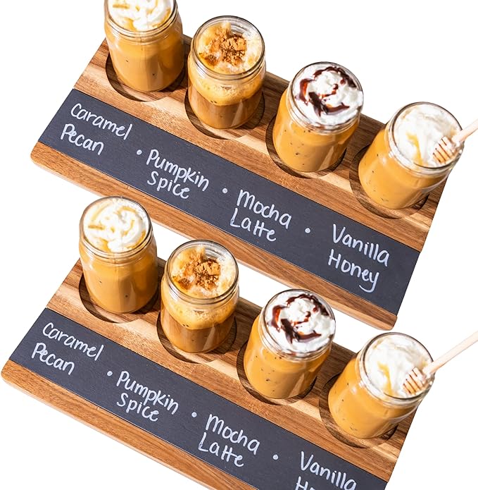Wooden Flight Board Set – Wine, Beer, Whiskey, Mimosa, and Cocktail Tasting Tray – Acacia Wood Serving Board with Slate Chalkboard – Home Bar & Entertaining Gift (Set of 4, 16x8 inches)