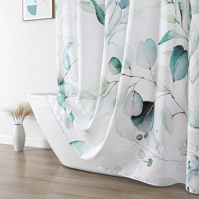 QiyI Eucalyptus Shower Curtain, 3D Embossed Butterflies Bathroom Curtain, Watercolor Green Blue Leaves Minimalist Cloth Bath Curtain, Waterproof Fabric Greenery Shower Curtain Set with Hooks, 72x72