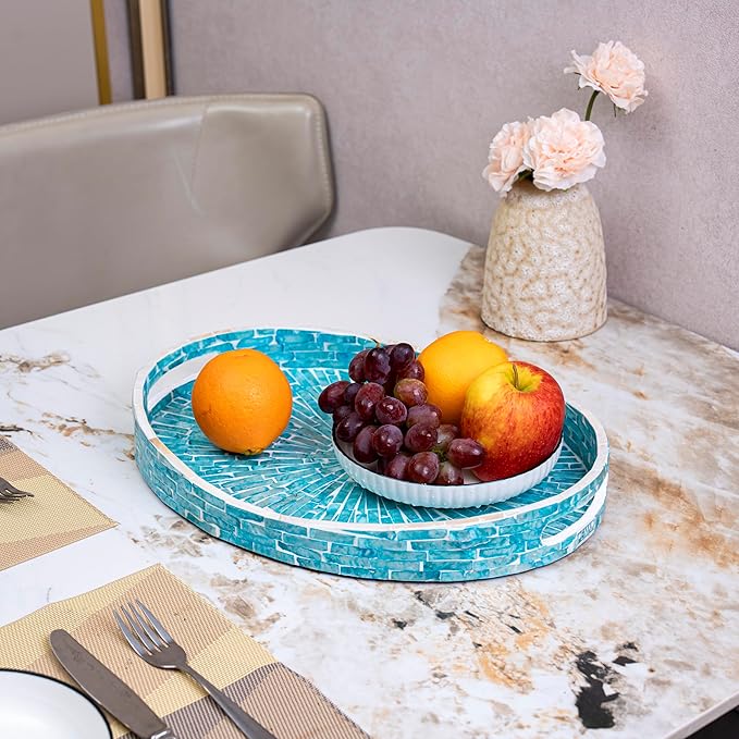 PEMAR 15.7" x 11.8" Oval Capiz Shell Serving Tray, Decorative Ottoman Tray for Living Room, Coffee Table, Breakfast in Bed, Candle Display (Teal Sunlight)