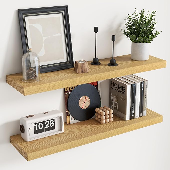 Floating Shelves for Wall with Invisible Brackets, Wall Mounted Engineered Wood Shelves with Wood Grain for Living Room, Bedroom, Bathroom, Kitchen Decor and Storage, Oak, 36"L Set of 2, Oak