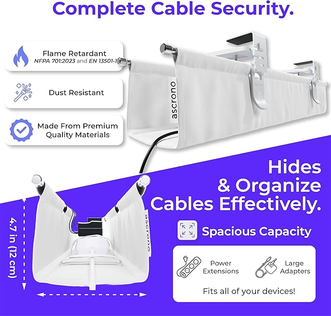 Ascrono Original No Drill Under Desk Cable Management Tray 53.9" - Premium White Fabric Cable Management Under Desk - Clamp/Screw Mount Cord Organizer - Supports Upto 66lbs - Extra Large