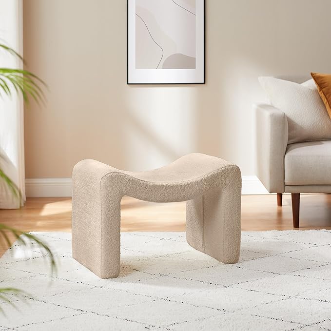 Modern Boucle Ottoman, Vanity Stool Chair, Foot Stool with Wooden Legs Sofa Bench Footstool Extra Seat for Vanity, Makeup Room, Living Room, Entryway, Set 2, Camel