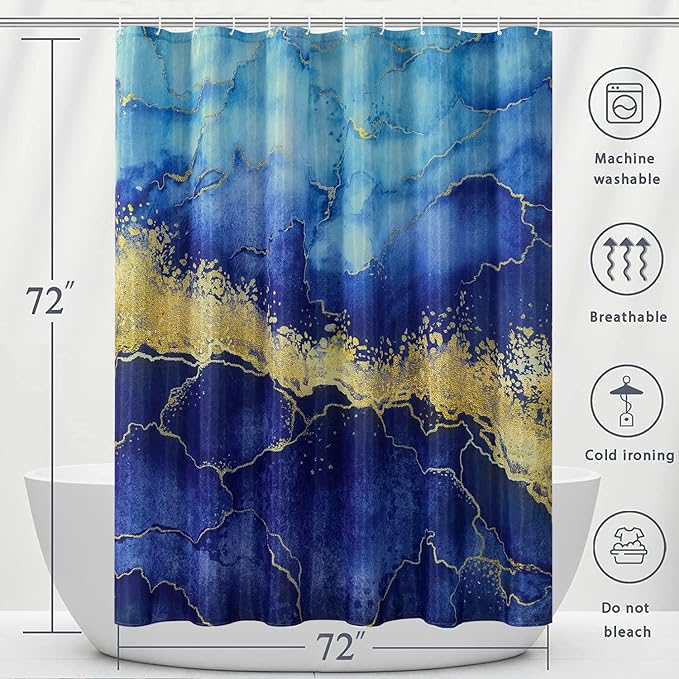 Marble Shower Curtain, Blue Marble Shower Curtain Set with 12 Hooks, Abstract Luxury Blue Marble with Gold Veins Texture Shower Curtains for Bathroom, Waterproof Fabric, 72" W X 72" L
