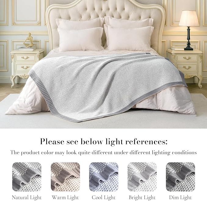 Amélie Home Honeycomb Knit Throw Blanket for Couch, Dual-Sided Soft Chenille Decorative Blankets for Sofa & Chair, 50"x60", Gray & White