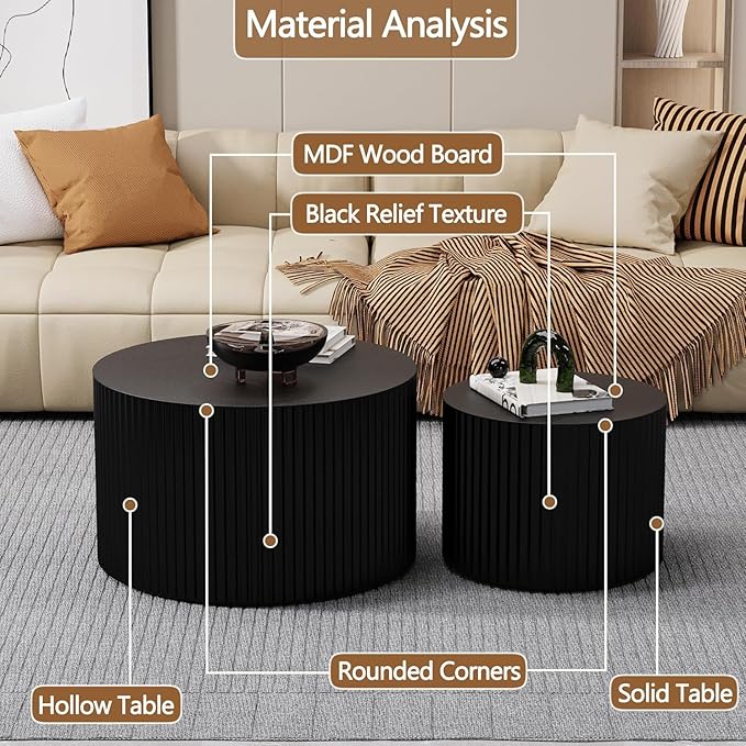 Nesting Coffee Tables Set of 2 Wooden Round Coffee Table Circle Nesting Table Space-Saving Design Modern Coffee Table Round Accent Tables Set for Living Room Bedroom Office (Black D18.9+D15)