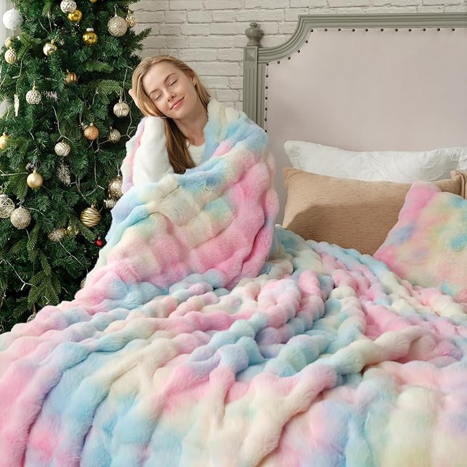 Cozy Bliss Faux Fur Throw Blanket for Couch, Bubble Plush Blanket King Size, Fuzzy Soft & Thick Blanket for Bed Sofa Living Room, 108x90 Inches Tie-dye Rainbow