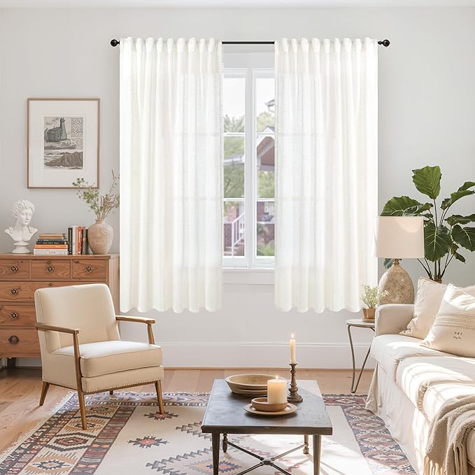 YoungsTex Linen Semi Sheer Curtains 63 Inch Length 2 Panels, Ivory White Light Filtering Window Drapes Naturel Textured with Rod Pocket Back Tab for Bedroom Living Room, 52 X 63 Inch