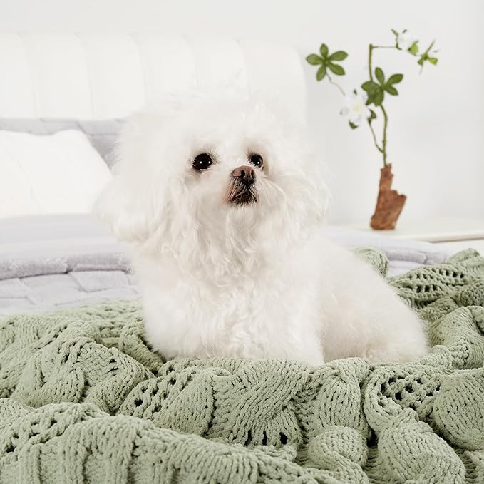 Amélie Home Chunky Knit Throw Blanket, Dual-Sided Soft Chenille Breathable Cable Knitted Blanket for Couch, Farmhouse Decorative Throw for Sofa & Chair, 50"x60", Sage Green