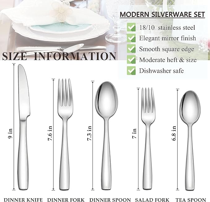 Herogo 18/10 Stainless Steel Silverware Set, 20-Piece Fancy Flatware Cutlery Set for 4, Modern Eating Utensils Tableware for Home Restaurant Wedding, Mirror Polished, Dishwasher Safe