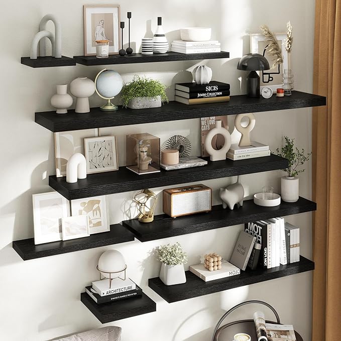 Floating Shelves for Wall with Invisible Brackets, Wall Mounted Engineered Wood Shelves with Wood Grain for Living Room, Bedroom, Bathroom, Kitchen Decor and Storage, Oak, 55"L Set of 2, Black
