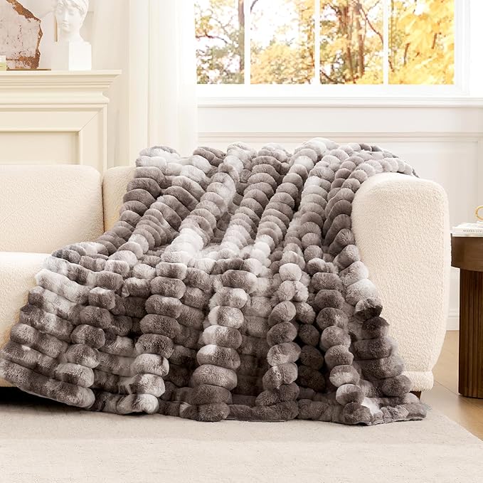 Cozy Bliss Faux Fur Throw Blanket for Couch, Cozy Warm Plush Striped Blanket for Sofa Bedroom Living Room, 60 * 80 Inches Tie-dye Grey
