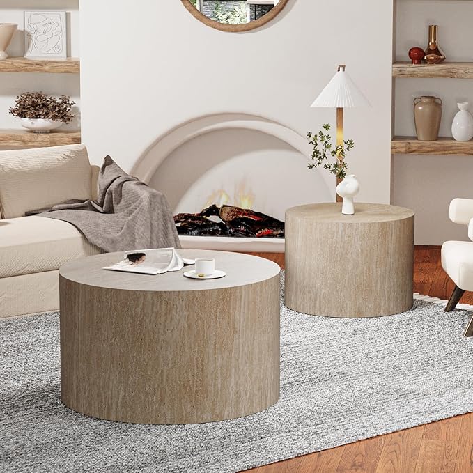 Round Nesting Coffee Table Set of 2 Modern Wood Coffee Tables Handcraft Drum Coffees Table Farmhouse Round Sofa Side Tables End Table for Living Room Small Spaces, No Assembling (Travertine Large)