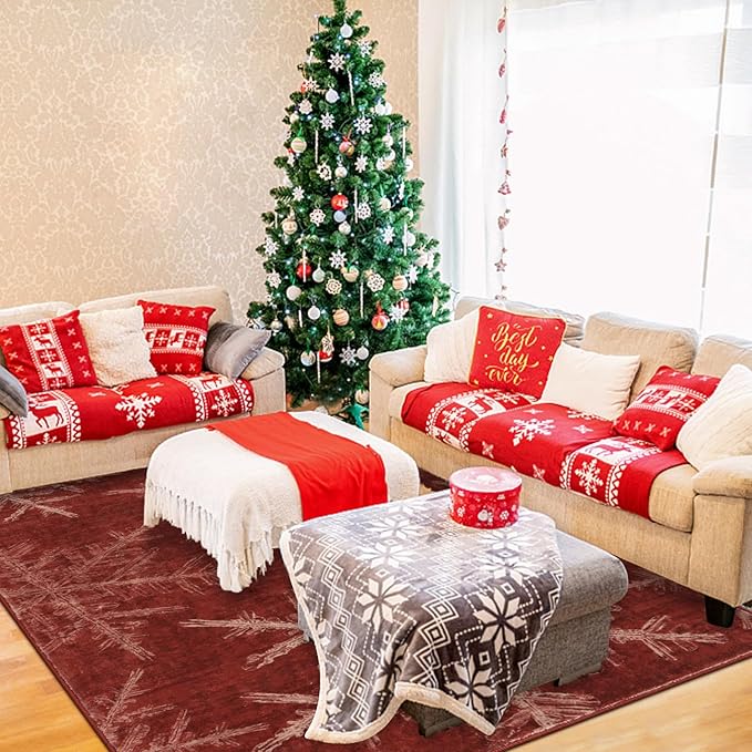 Lahome Snowflake Christmas Area Rugs, 5x7 Indoor Christmas Rug for Bedroom Non Slip Washable Living Room Rugs Holiday Decor Soft Red Rug Throw Carpet for Entryway Kitchen Dining Room(5'x 7',Red)
