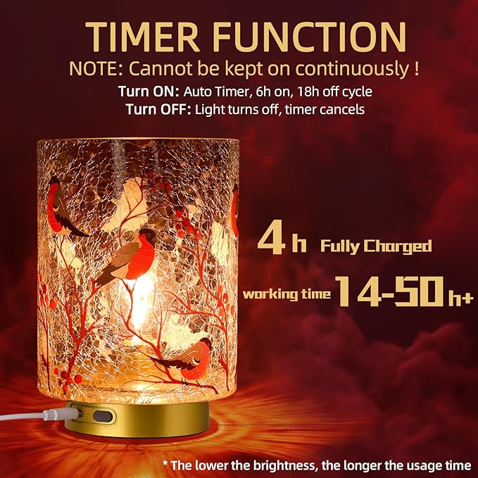Rechargeable Battery Table Lamp Timer, Handmade Crackle Glass Lamps with Two-Level Dimmer, Emergency Cordless Lamp for Area No Plug, Decorative Mood Light for Entryway/Corner/Bedroom/Bathroom(Red)
