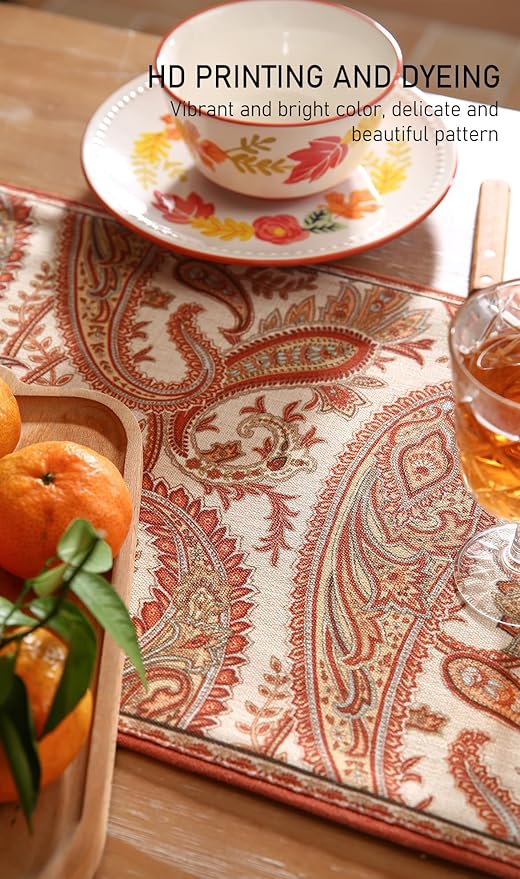 ISAENNE Designer Elegant Red Linen Table Runner 87 Inches Long,Vintage Paisley Pattern Durable Table Runners for Dining Tables,Thanksgiving,Kitchen Tables,Christmas,12"*87"-Chauffrey A