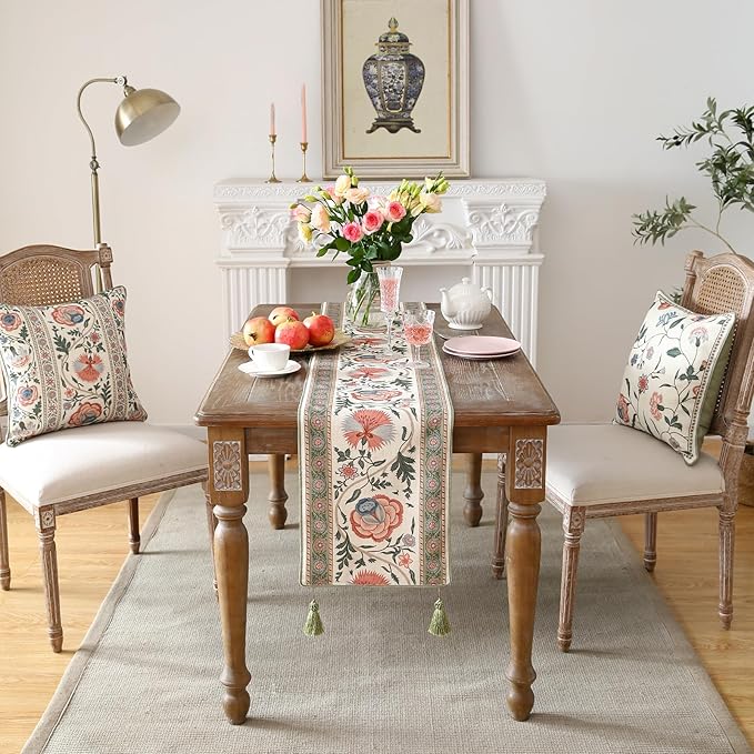 ISAENNE Designer Vintage Linen Table Runner 102 Inches Long,Elegant Floral Pattern Wrinkle Resistant Table Runners for Dining Tables,Thanksgiving,Kitchen Tables,Christmas,12"*102"-Daffy B