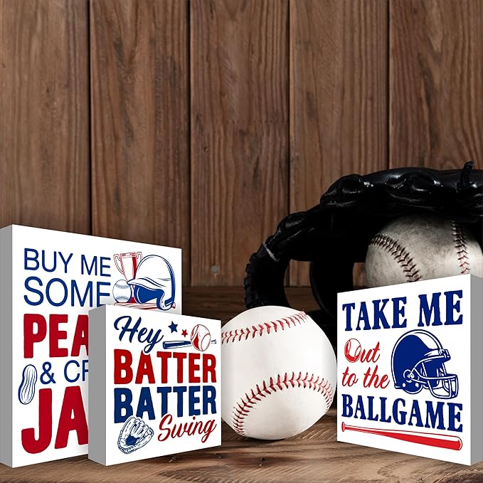 3 Pcs Baseball Decor for Home Baseball Sports Tiered Tray Decorative Wood Box Signs Rustic Table Desk Shelf Decoration for Bedroom Boys Room Party