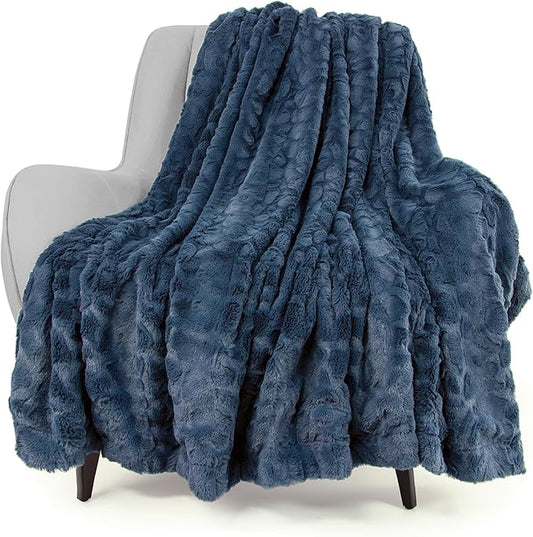 TOONOW Faux Fur Luxury Throw Blanket,Double Side Soft Fluffy Shaggy Fuzzy Blanket for Couch Sofa Bed (Navy, Throw)