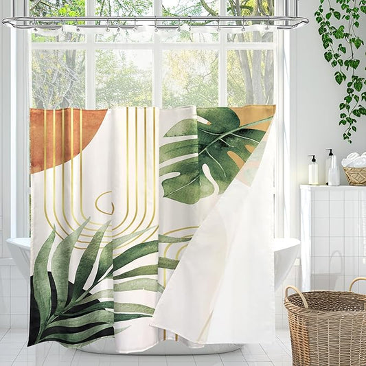Glawry Boho Shower Curtain with Snap in Liner Modern Mid Century Tropical Palm Leaves Abstract Geometric Modern Arch See Through Mesh Top Window 72Wx72L Inches Bathroom Art Home Decor 12 Pack Hooks