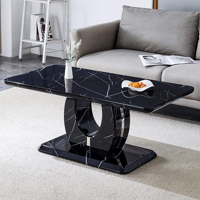 LKTART Rectangle Coffee Table for Living Room, Imitation Marble Coffee Tables with Storage, Modern Stable Base Center Tea Table for Dining Room Small Space Apartment (43.3''L×22.4''W-Black)