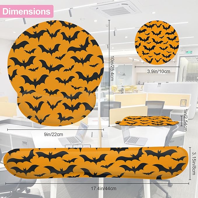 Halloween Bat Ergonomic Wrist Support Keyboard Mouse Wrist Rest Set, Computer Office Comfortable Wrist Rest for Mouse Easy Typing