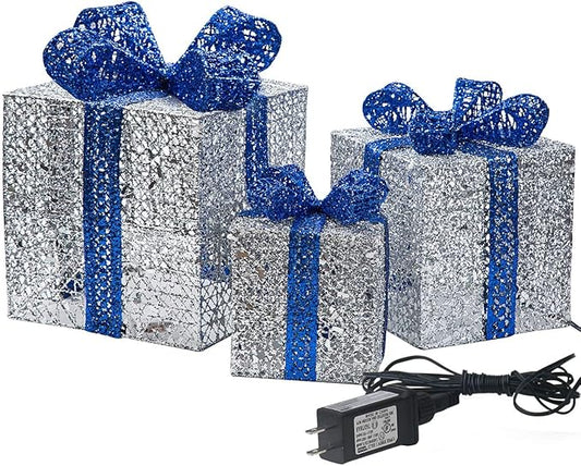 Sunnyglade 7.5”-5.9”-4.7” Set of 3 Christmas Lighted Gift Boxes with Plug for Christmas Decor, Weddings Yard Home Holiday Art Decorations (Silver)