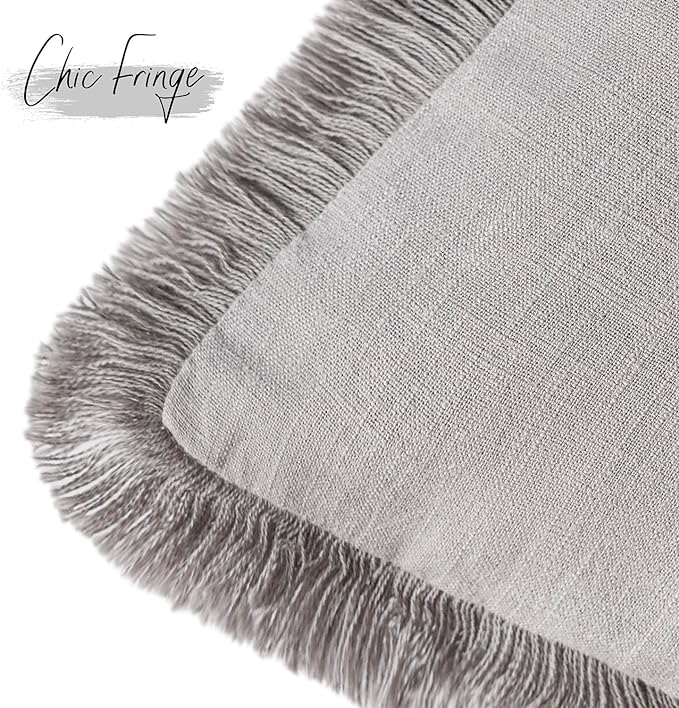 Foindtower Set of 2 Decorative Linen Fringe Throw Pillow Covers Cozy Farmhouse Cushion Cover with Tassels Accent Pillowcase for Couch Chair Sofa Bed Living Room Home Decor,16×16 Inch,Light Rustic Gray