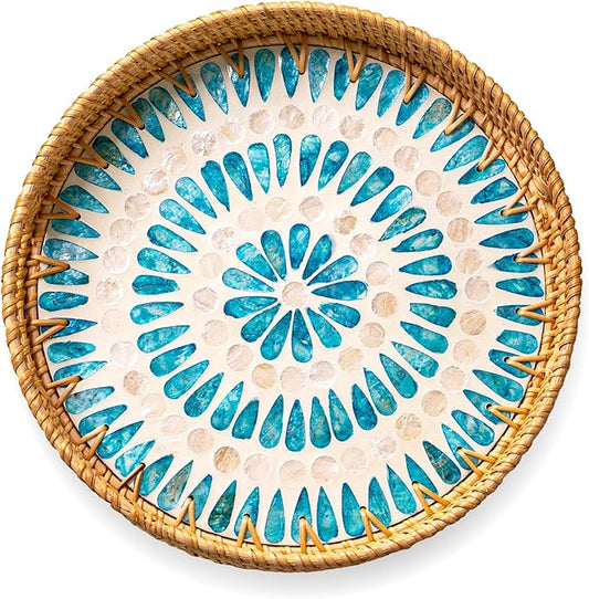 JUNGLE CULTURE Rattan Serving Tray 12" with Mother of Pearl Inlay • Coastal Boho Collection • Handcrafted Woven with Handles for Home • Round Dining Table Tray • Wicker Serving Basket – Ripple