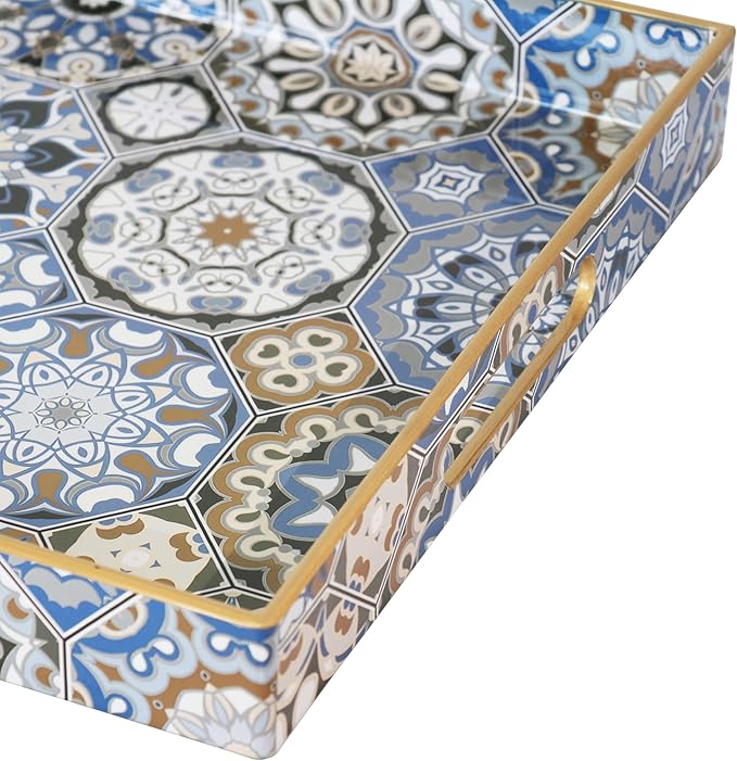 Boho Sturdy Acrylic Serving Tray with Handles-15.7x11.8Inch, Morden Plastic Rectangular Serving Tray for Coffee Table Bathroom, Ottoman, Home Decor