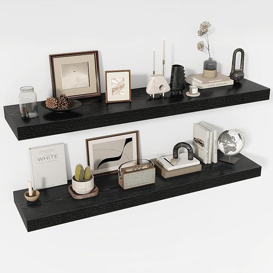 55 Inch Floating Shelves, 12" Deep Floating Shelf Wall Mounted, 55" Wall Shelves, Rustic Deep Bookshelf, Extra Deeper & Thicker Display Shelves for Bedroom, Living Room, Black, Set of 2