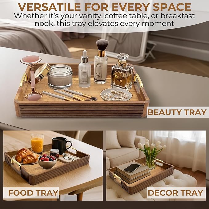 Acacia Wood Serving Tray with Metal Handles  – 17x12in Rustic Decorative Ottoman & Coffee Table Tray for Breakfast in Bed, Dinner, Bar, Kitchen, Home Décor & Entertaining