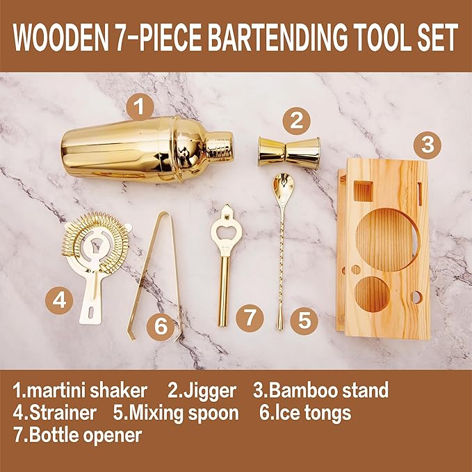Cocktail Shaker Set Stainless Steel Bartending Kit 18.6oz Cocktail Bar Set Cocktail Mix Drink Making Kit Professional Bar and Home Drink Bar Tools for Bartender (Gold, 7Pcs)