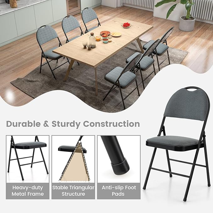 POWERSTONE Folding Chairs 4 Pack, Foldable Chair Set with Padded, Handle Hole and Metal Frame Dining Chair Set for Indoor and Outdoor, School, Office and Garden Party (Grey)