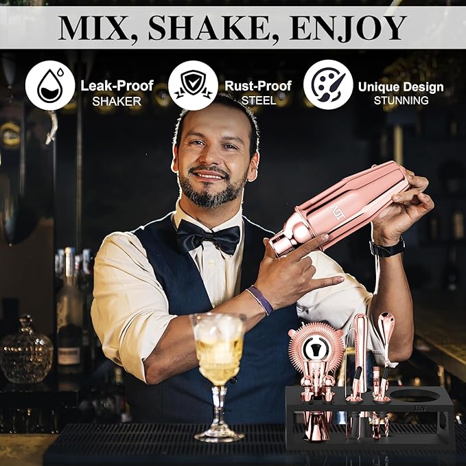 IOV Mixology Bartender Kit with Stand | 12-Piece Cocktail Shaker Set | 24oz Martini Shaker Set for Drink Mixing | Bar Set Includes All Bar Tools and Recipe Booklet | Fun Housewarming Gift (Rose Gold)