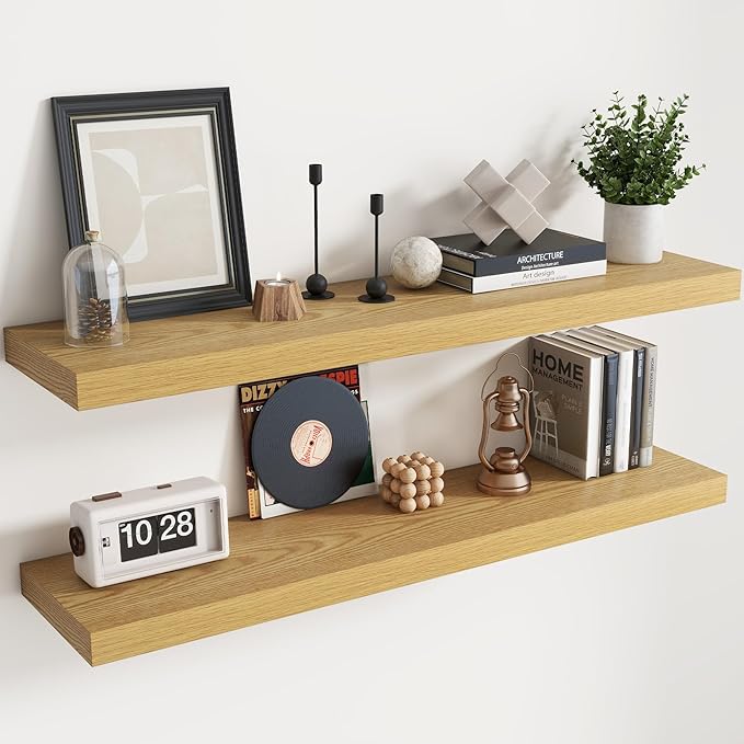 Floating Shelves for Wall with Invisible Brackets, Wall Mounted Engineered Wood Shelves with Wood Grain for Living Room, Bedroom, Bathroom, Kitchen Decor and Storage, Oak, 48"L Set of 2, Oak