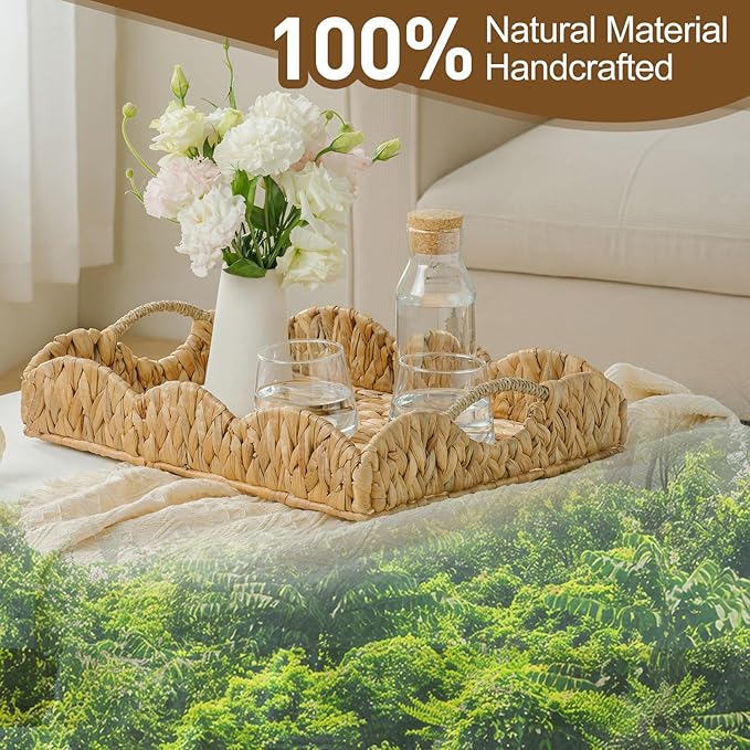 Water Hyacinth Serving Tray, Handwoven Woven Tray with Handles and Scalloped Edge, Rectangle Wicker Basket for Home Decor and Organizing, 16.9" L x 12.9" W x 1.96" H