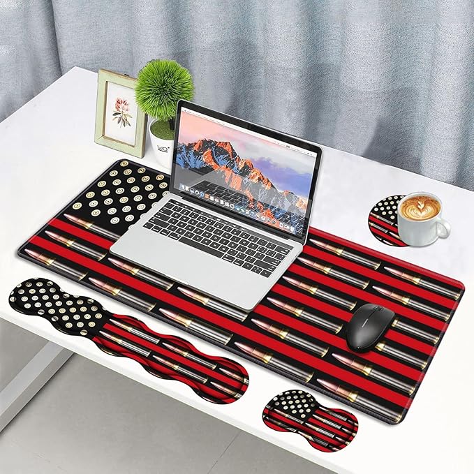 4 in 1 Ergonomic Memory Foam Mouse Pad Wrist Rest Set, Large XXL Gaming Desk Pad + Keyboard Wrist Rest + Mouse Wrist Cushion + Coaster for Home Office Study Gaming, American Flag & Bullets