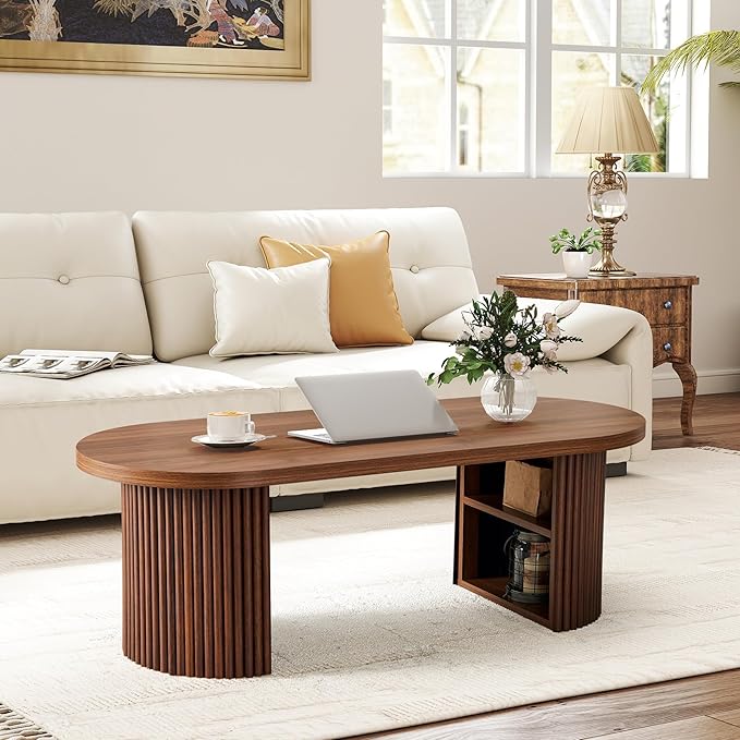 AVZEAR Oval Fluted Coffee Table for Living Room, Mid Century Modern Coffee Table with Storage, Curved Round Wooden Center Table for Home, Office, Cafe, Vintage Walnut(47.24" x 19.69" x 15.74")