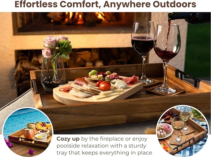 Acacia Wooden Ottoman Tray for Living Room & 6 Coasters Set – 21" Large Coffee Table Serving Tray with Handles, Perfect for Food, Drinks, Kitchen, and Home Decor