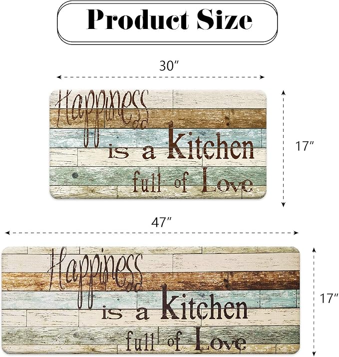 FRESHMINT Farmhouse Kitchen Mats Sets 2 Piece Cushioned Comfort Mat for Home & Office Ergonomically Engineered Memory Foam Kitchen Rug Waterproof Non-Skid, 30" by 17" + 47" by 17",Happiness